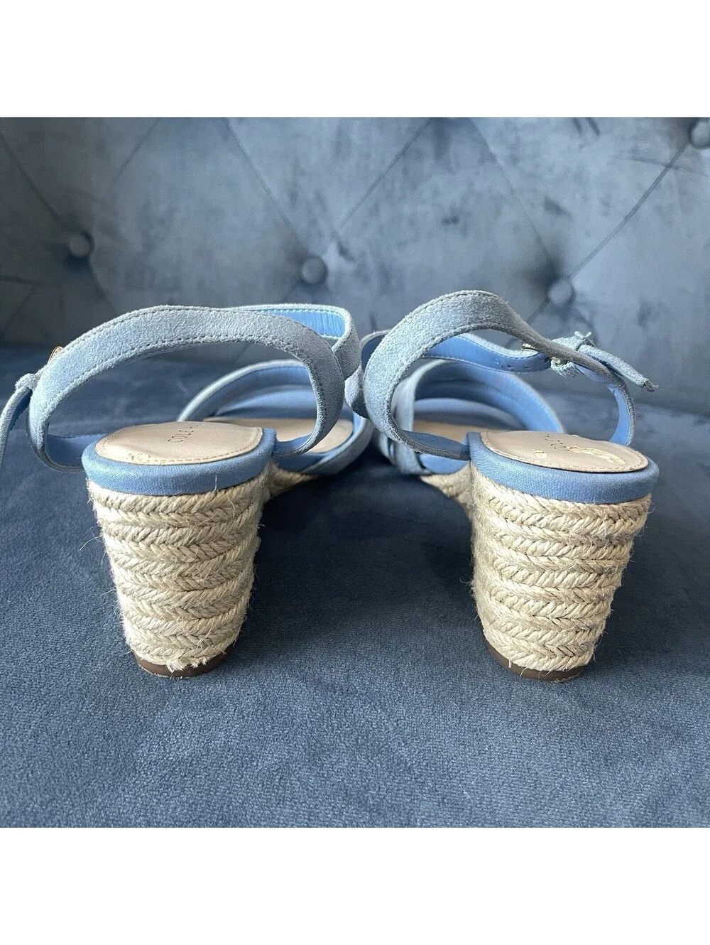 Cole Haan Woman's 6B Jasmine  Espadrille Wedge Blue Suede Gold 3” Heel Sandals